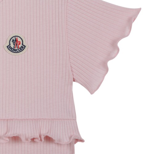 Moncler Kids Pink Cotton Romper with Ruffle Detail.