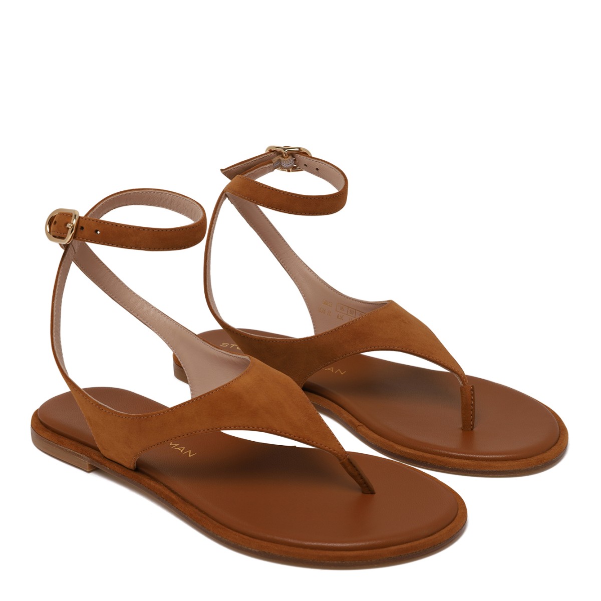Stuart Weitzman Tan Suede Flat Sandals.