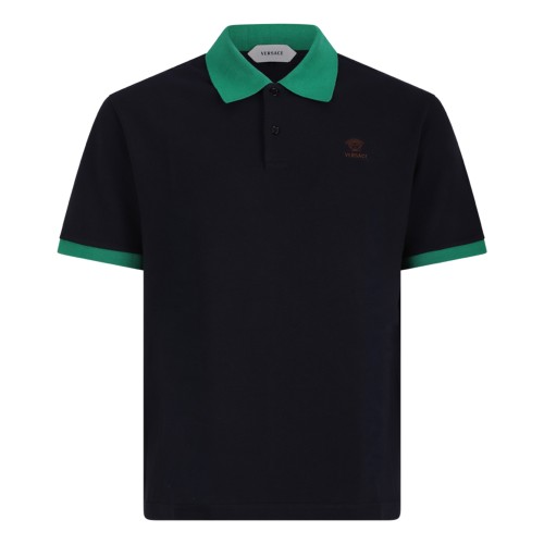 Versace Navy Cotton Polo Shirt with Green Collar.