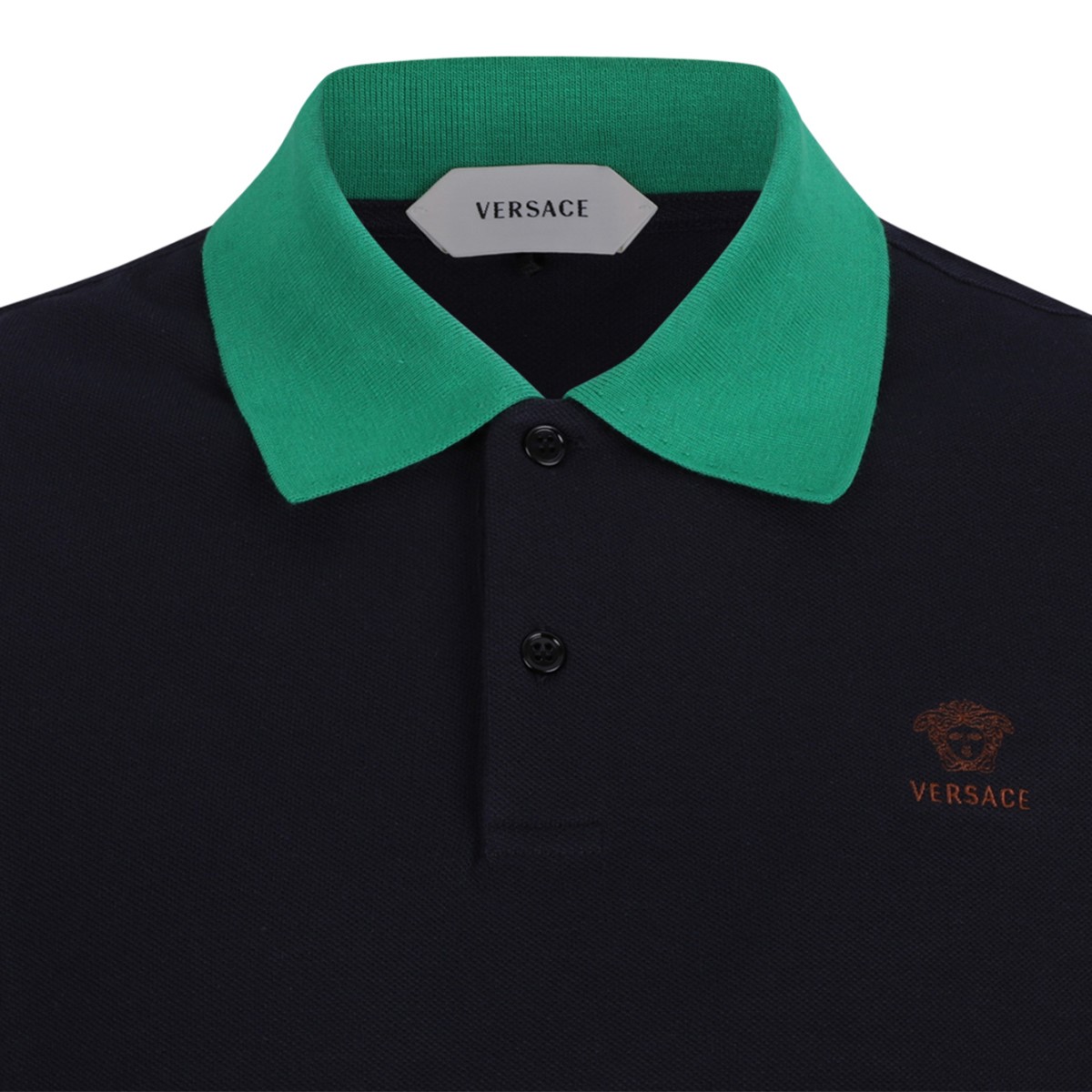 Versace Navy Cotton Polo Shirt with Green Collar.