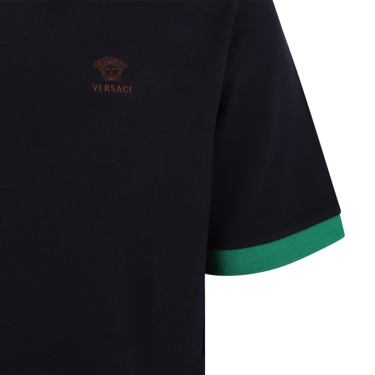 Versace Navy Cotton Polo Shirt with Green Collar.