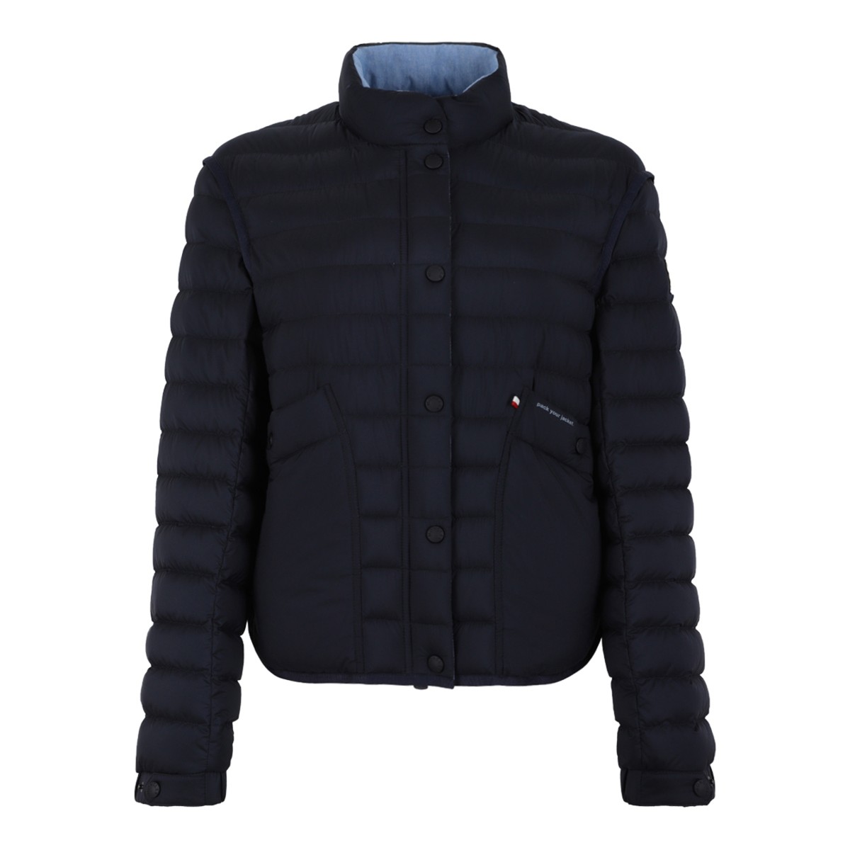 Moncler Navy Quilted Down Jacket with Button Closure.
