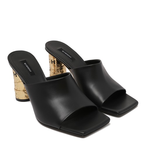 Givenchy Black Leather Sandals with Sculpted Gold Heel.