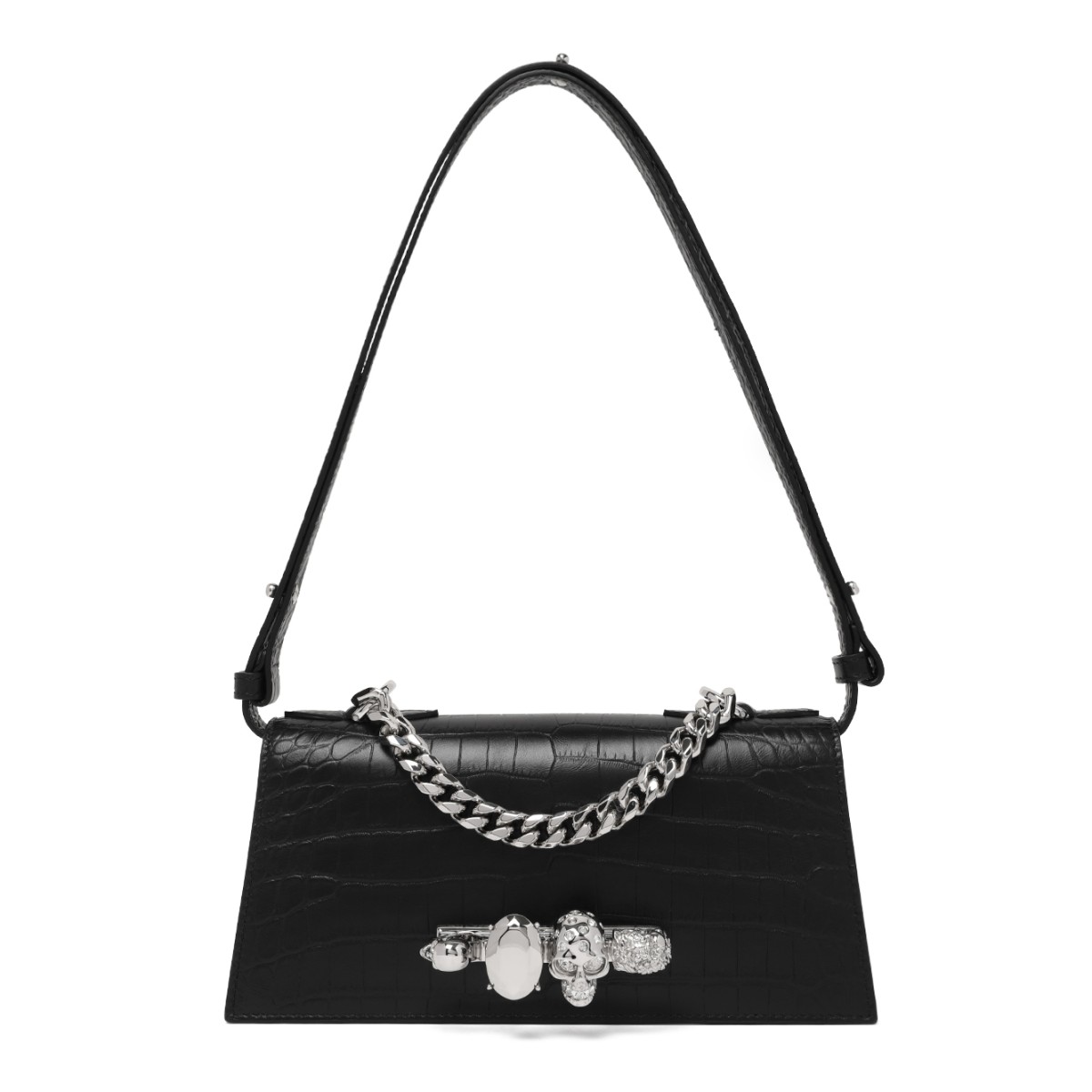 Alexander McQueen Black Leather Shoulder Bag with Silver Chain.