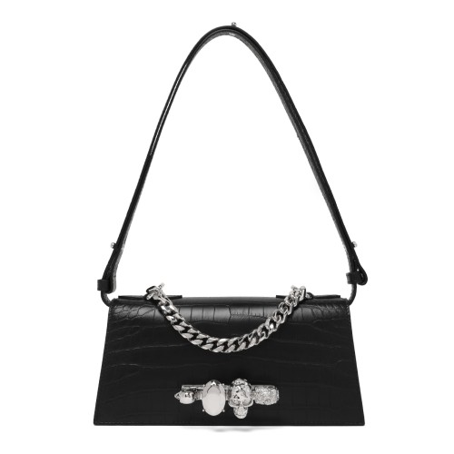 Alexander McQueen Black Leather Shoulder Bag with Silver Chain.