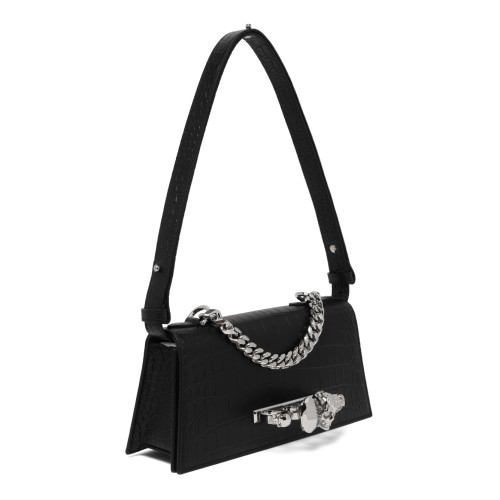 Alexander McQueen Black Leather Shoulder Bag with Silver Chain.