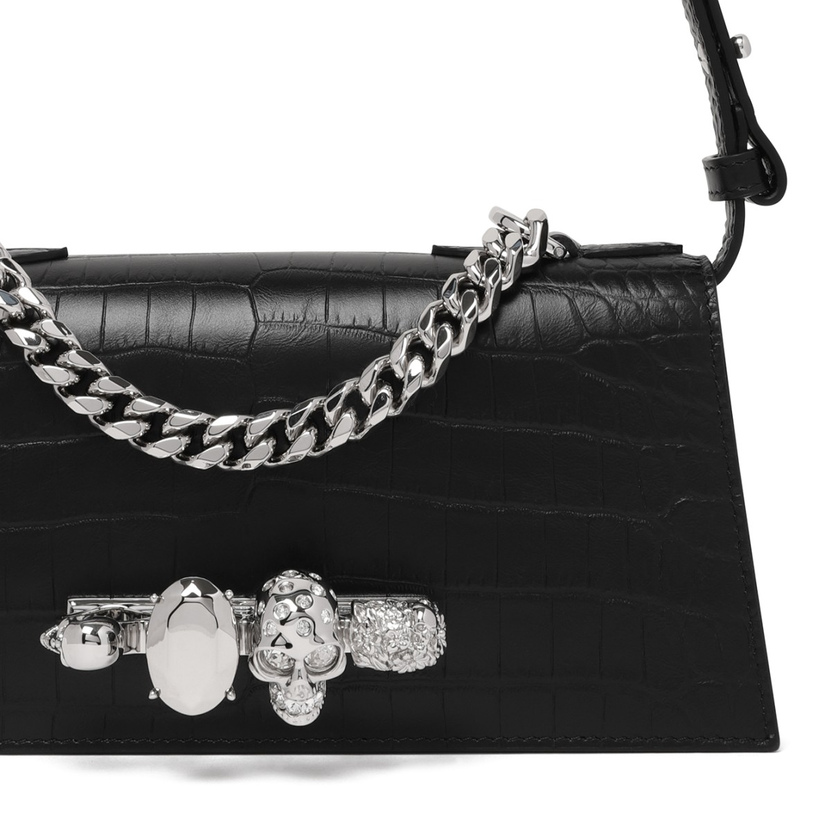 Alexander McQueen Black Leather Shoulder Bag with Silver Chain.