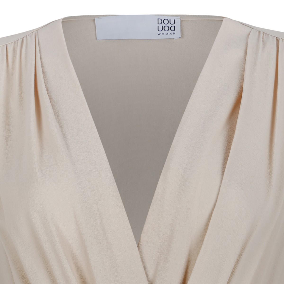 Douuod Beige Draped Midi Dress.