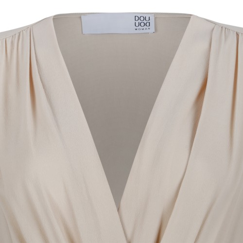 Douuod Beige Draped Midi Dress.