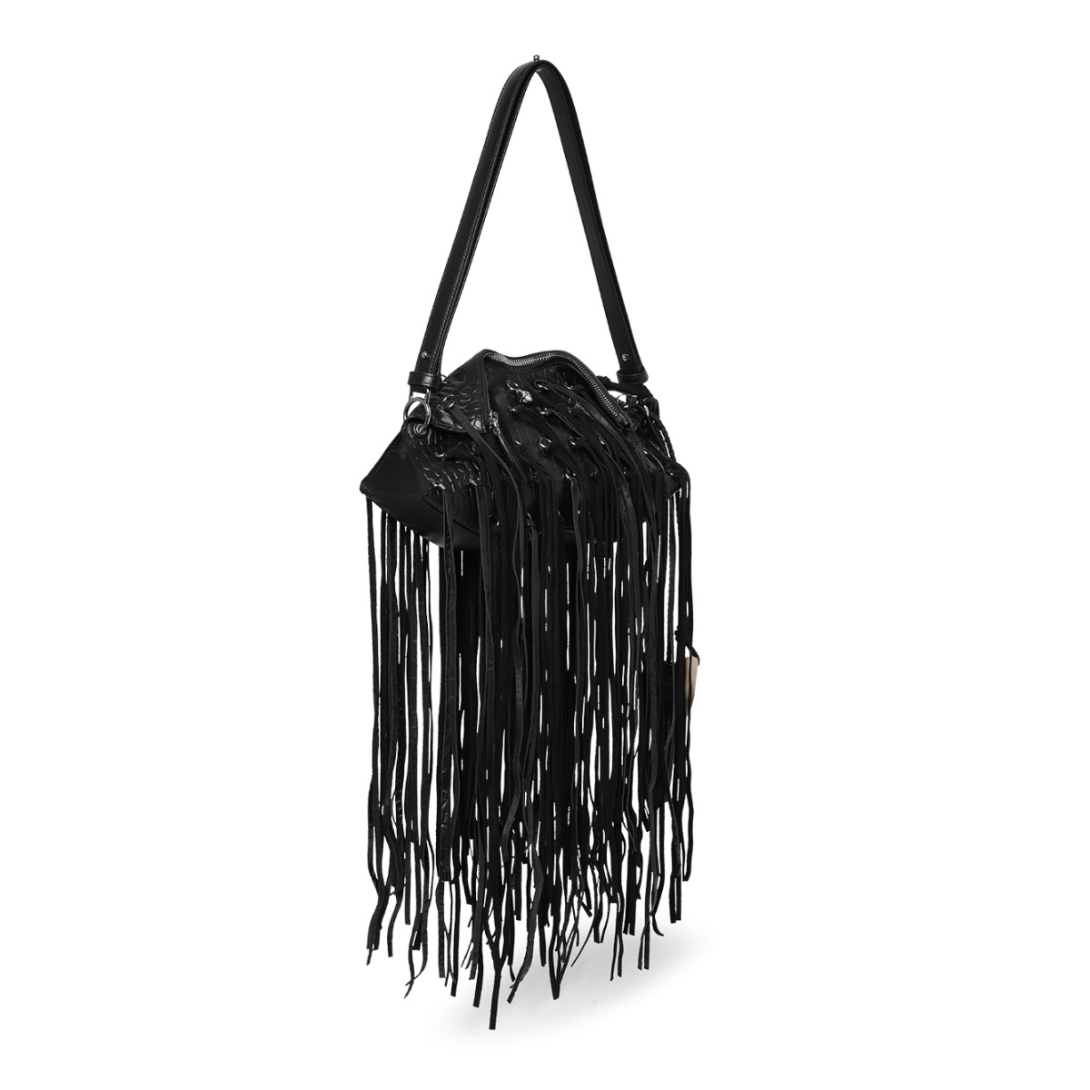 Alexander McQueen Black Leather Fringe Shoulder Bag.