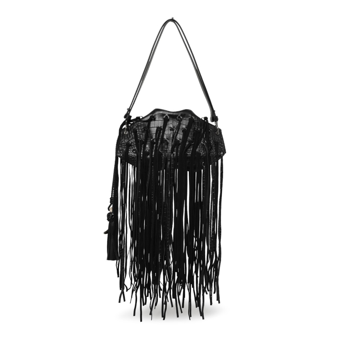Alexander McQueen Black Leather Fringe Shoulder Bag.