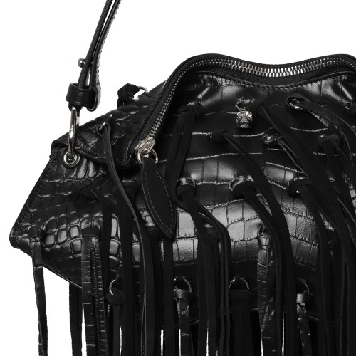 Alexander McQueen Black Leather Fringe Shoulder Bag.