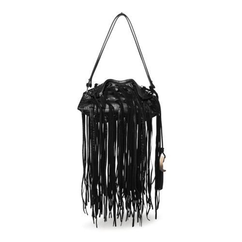 Alexander McQueen Black Leather Fringe Shoulder Bag.