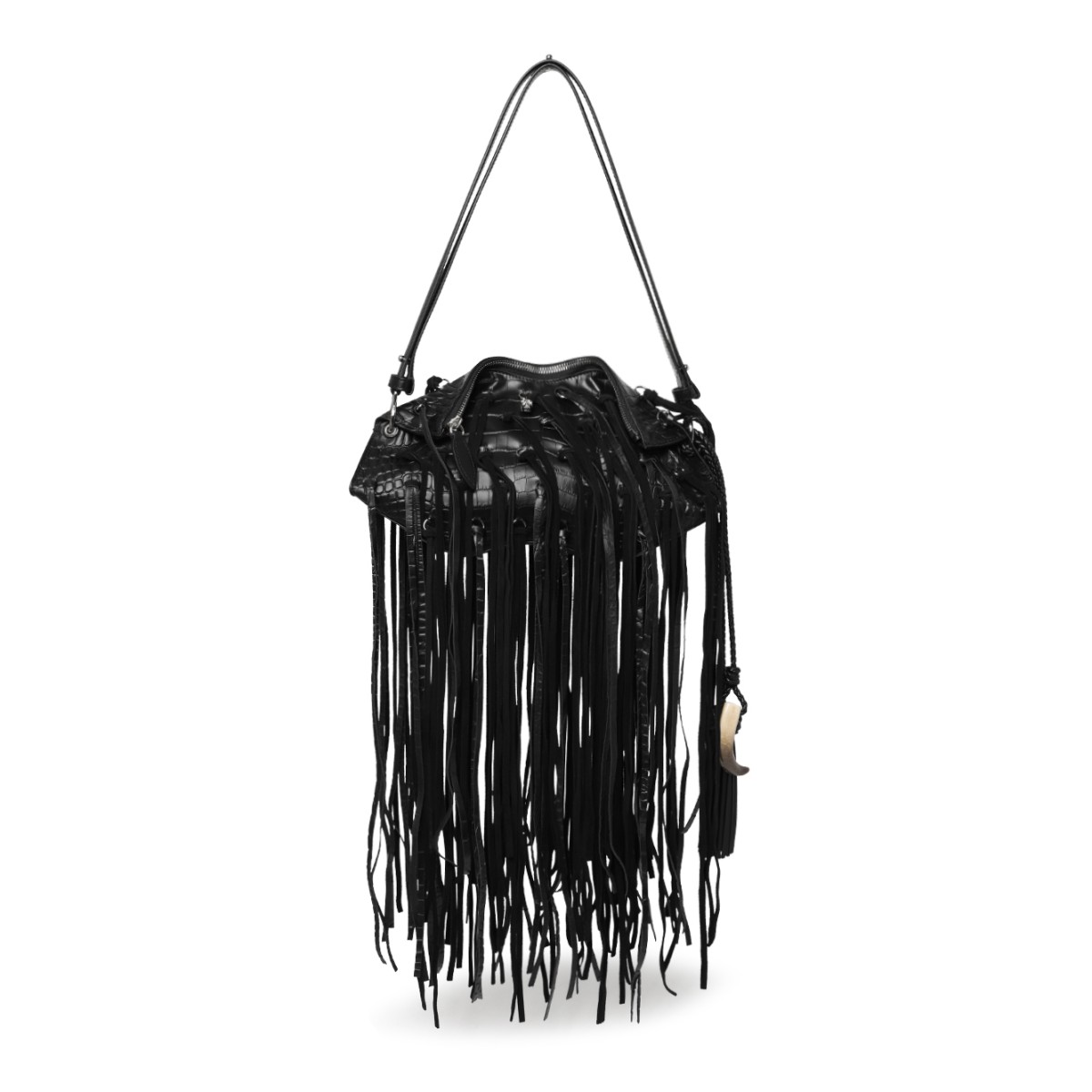 Alexander McQueen Black Leather Fringe Shoulder Bag.