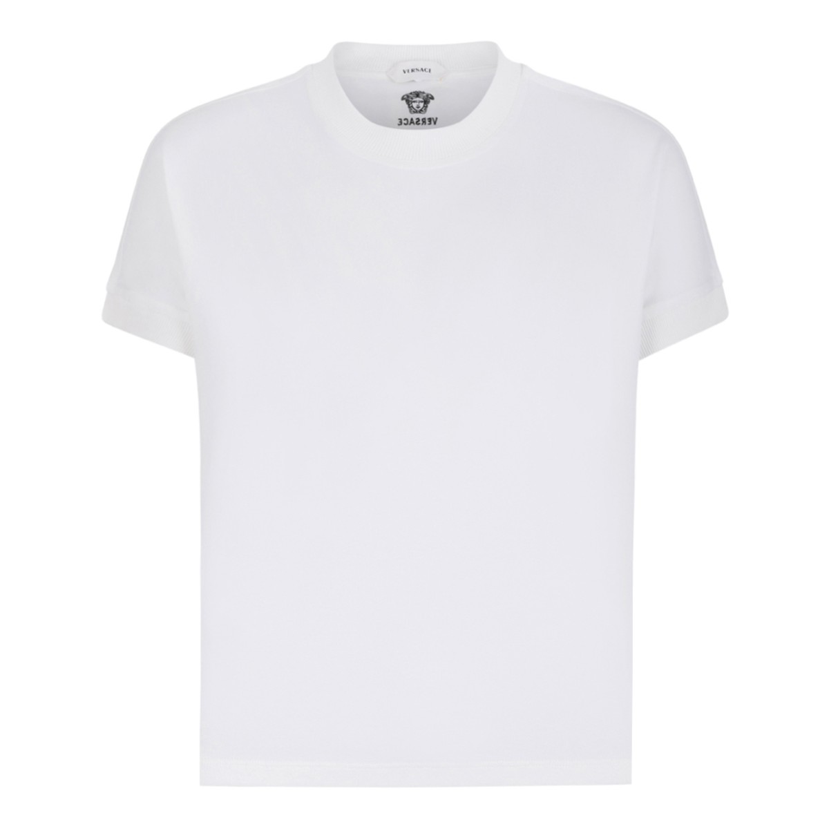 Versace White Cotton T-Shirt with Medusa Detail.