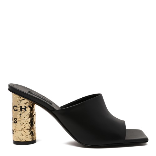 Givenchy Black Leather Sandals with Sculpted Gold Heel.