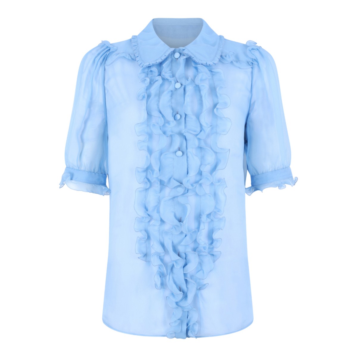 Dolce & Gabbana Light Blue Ruffled Silk Blouse.