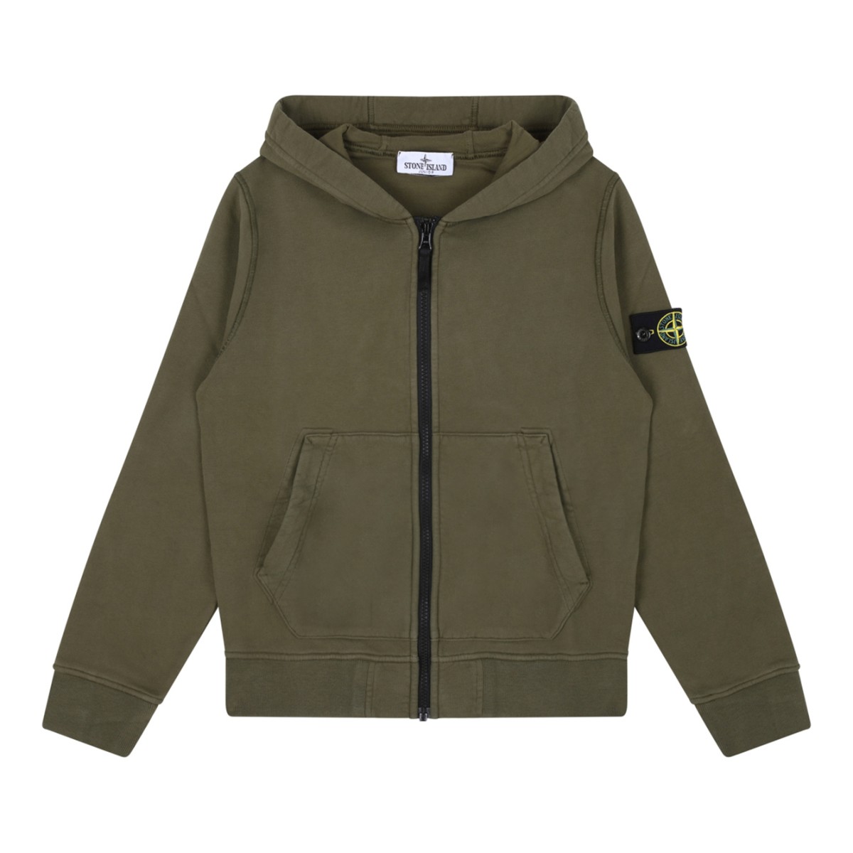 Stone Island Kids Olive Green Compass Patch Cotton Hoodie.  