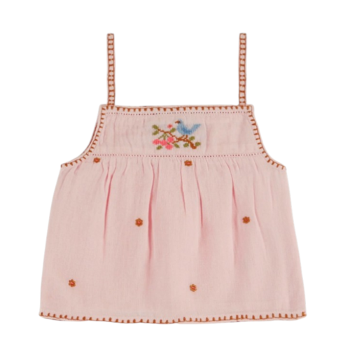 Top embroidered pink flowers