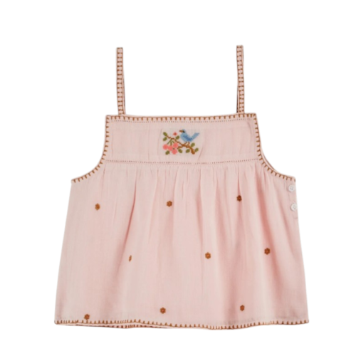 Top embroidered pink flowers