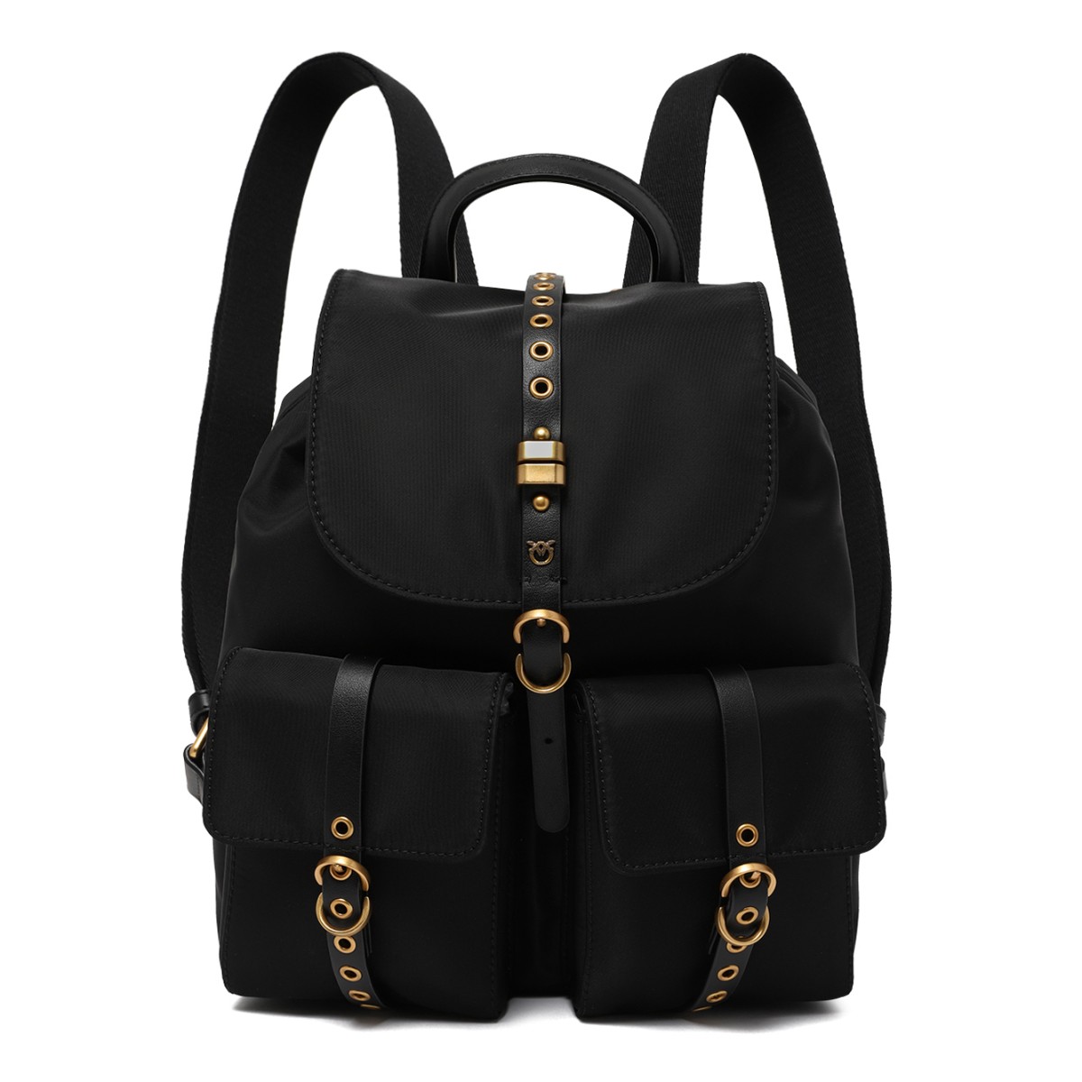 Pinko Black Leather Backpack with Gold Hardware.