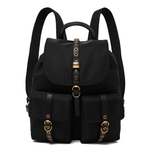 Pinko Black Leather Backpack with Gold Hardware.