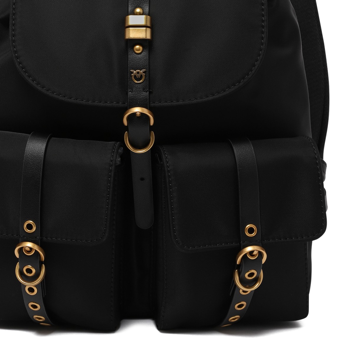 Pinko Black Leather Backpack with Gold Hardware.