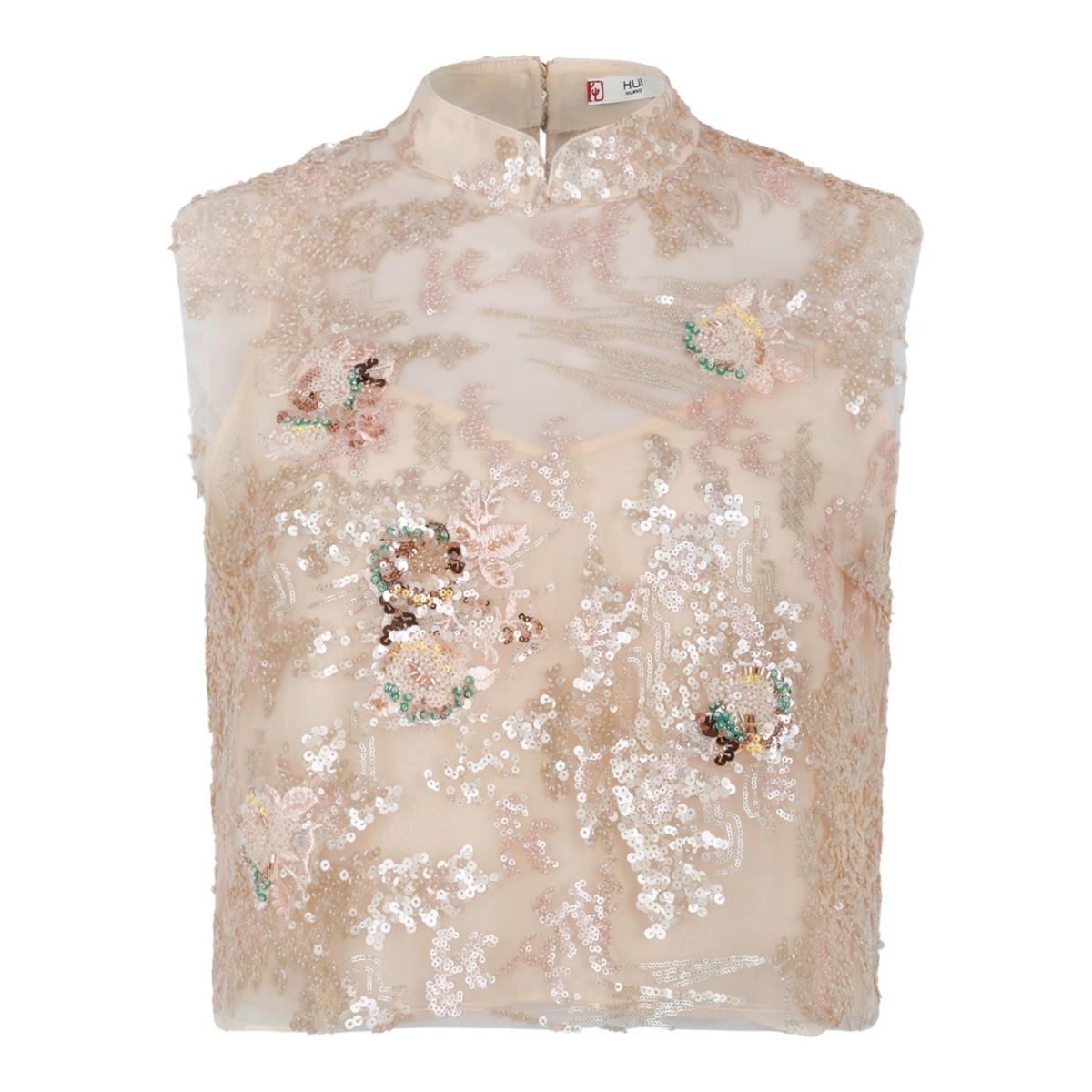Hui Milano Ivory Embroidered Sequin High-Neck Top.