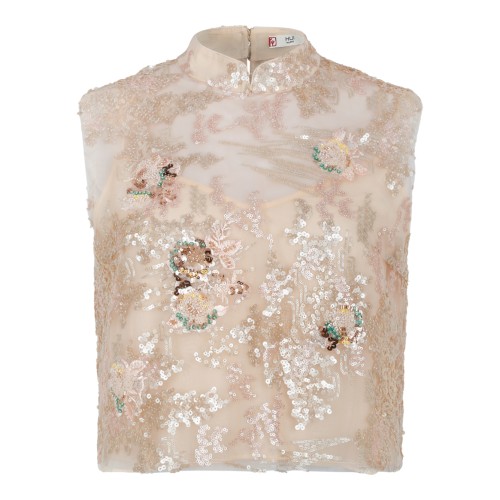Hui Milano Ivory Embroidered Sequin High-Neck Top.