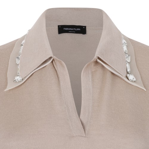 Fabiana Filippi Beige Embellished Collar Polo Top. 
