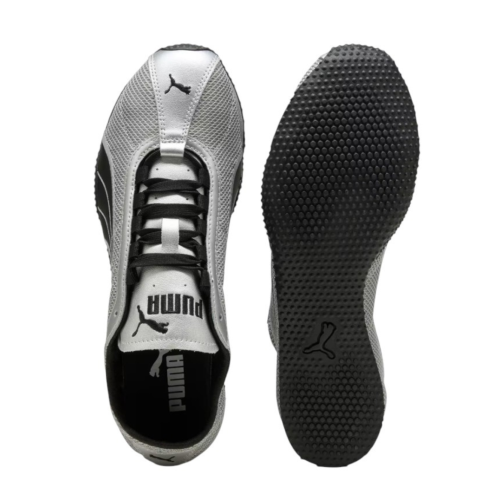 Puma Silver and Black Low-Profile Sneakers.