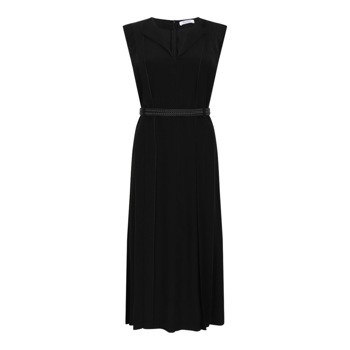 Max Mara Black Sleeveless Pleated Midi Dress.