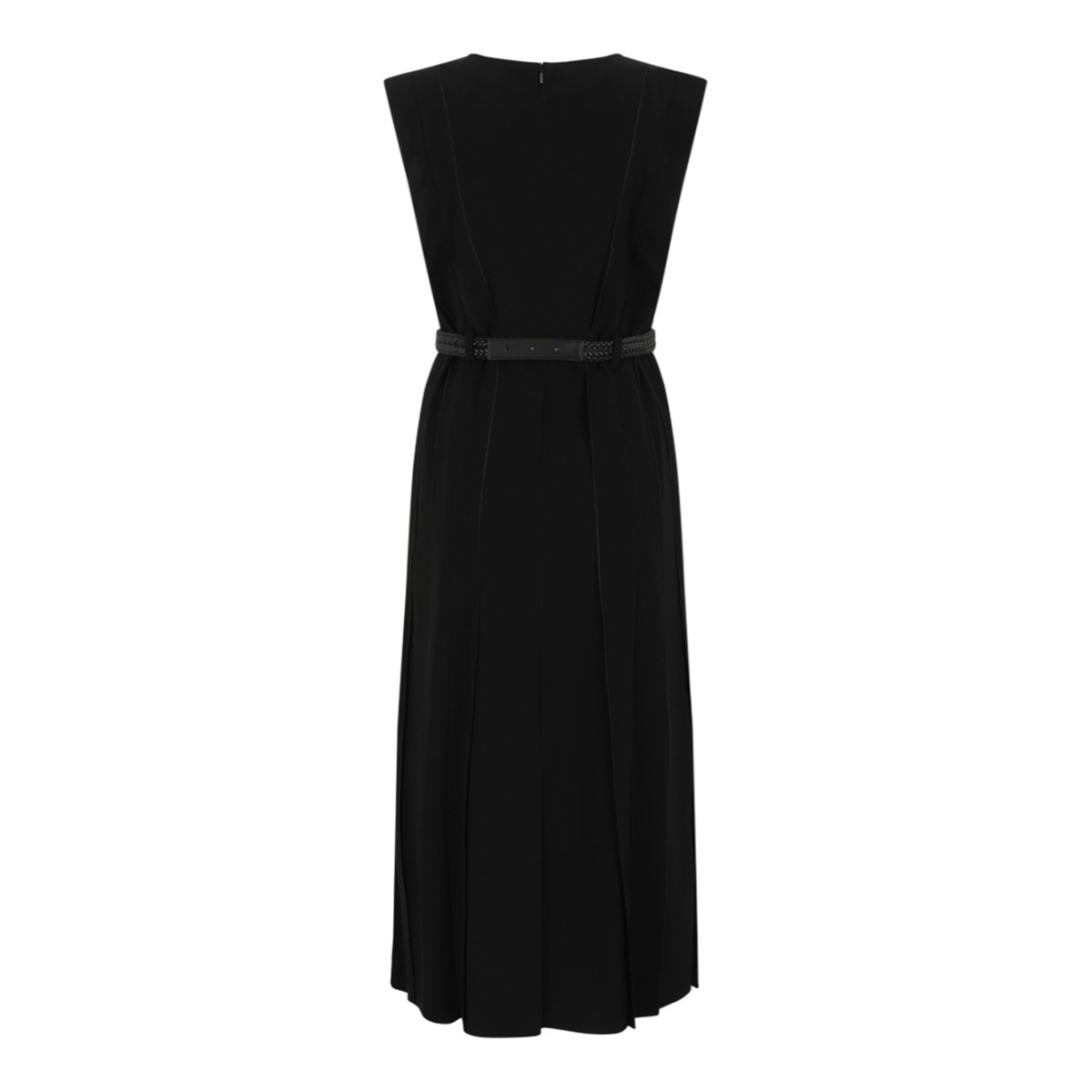 Max Mara Black Sleeveless Pleated Midi Dress.