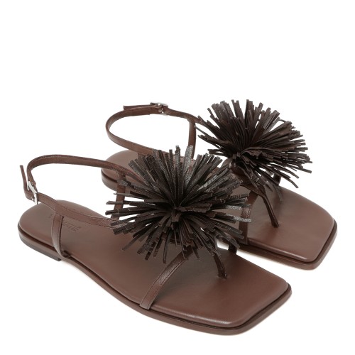Vic Mati Brown Leather Flat Sandals with Fringe Detail. 2
