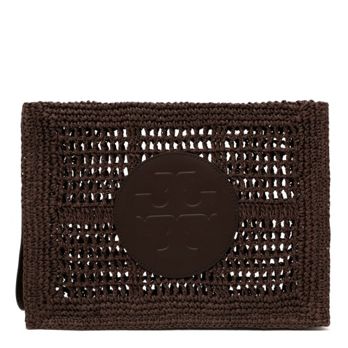 Tory Burch Grey Crochet Pouch with Logo Detail.