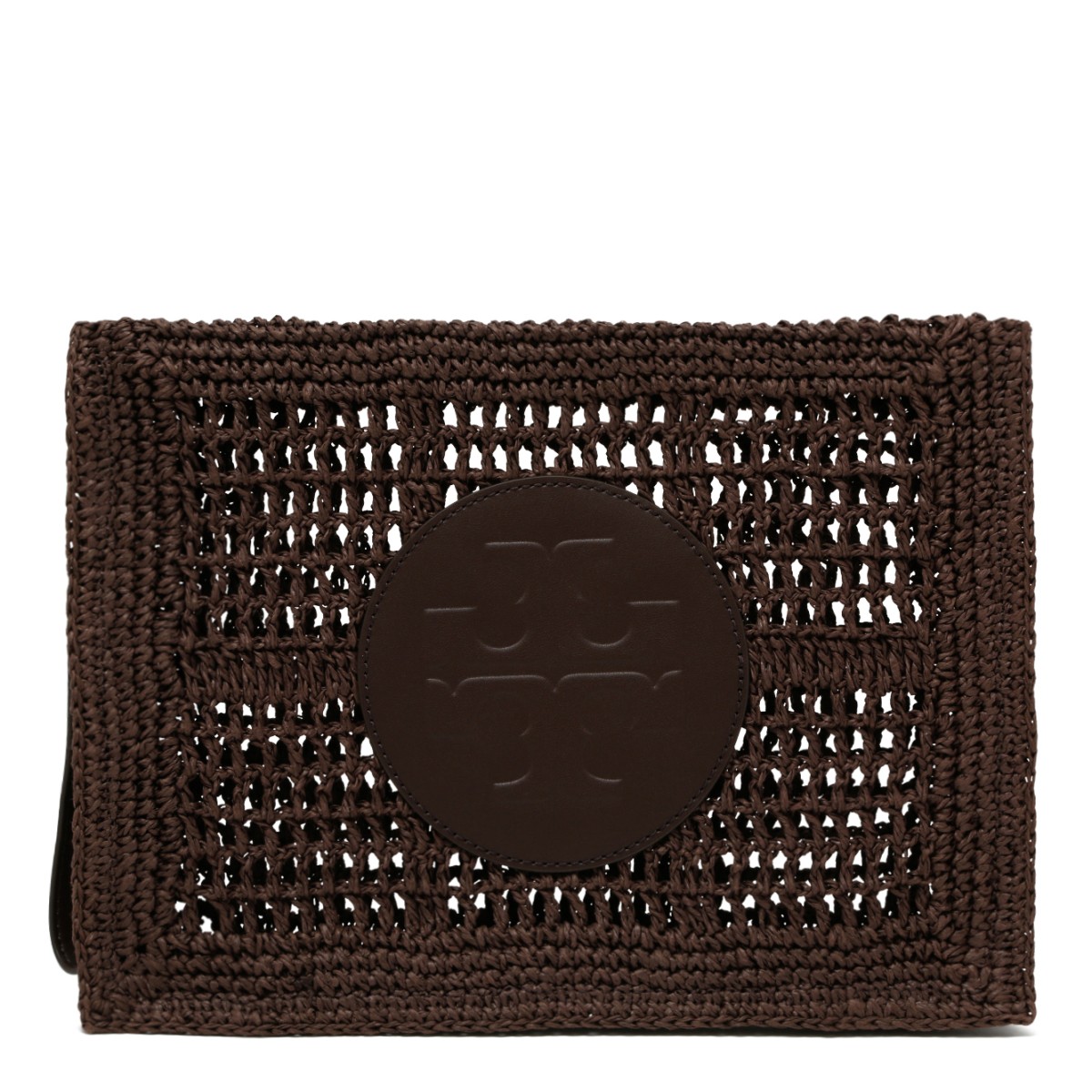 Tory Burch Grey Crochet Pouch with Logo Detail.