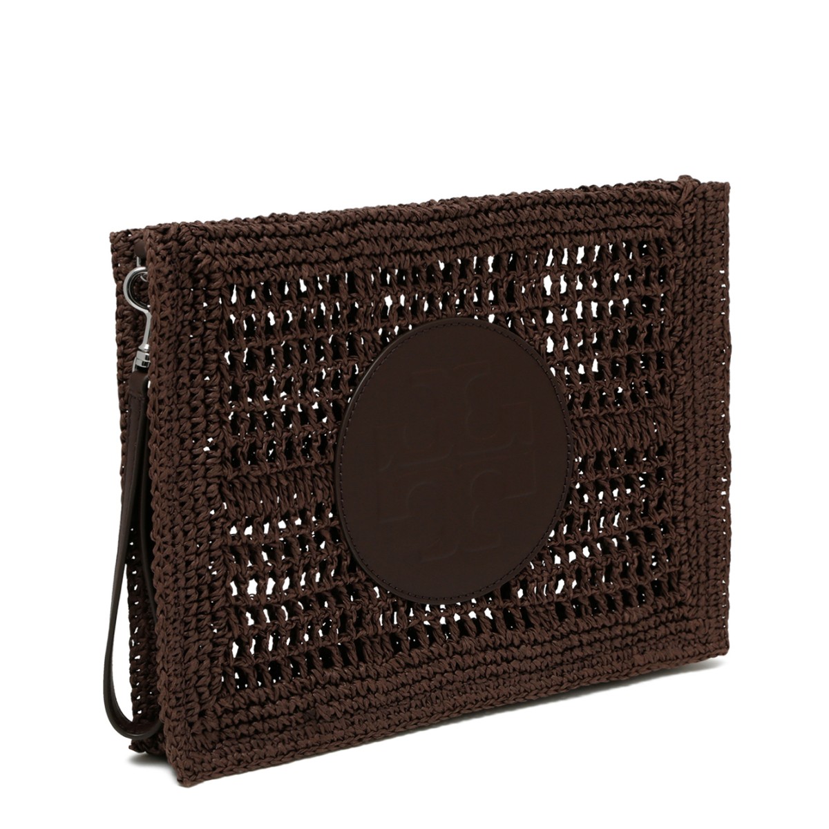 Tory Burch Grey Crochet Pouch with Logo Detail.