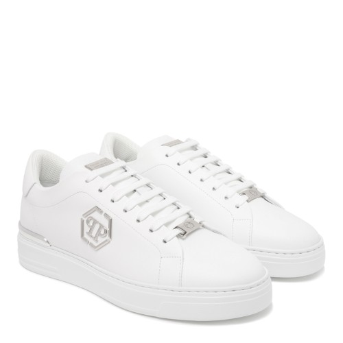 Philipp Plein White Leather Sneakers with Logo Detail. 2