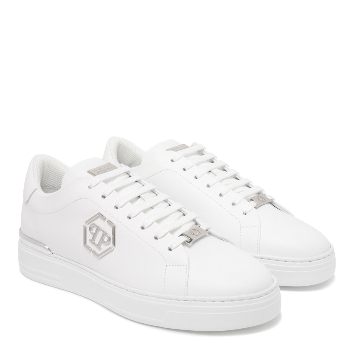 Philipp Plein White Leather Sneakers with Logo Detail.