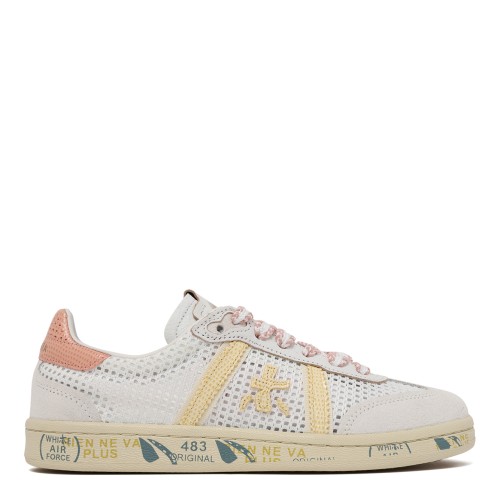 Premiata White Leather and Suede Sneakers with Graphic Sole.