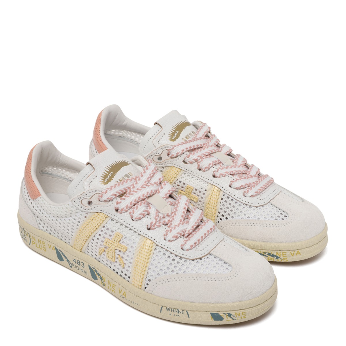 Premiata White Leather and Suede Sneakers with Graphic Sole.