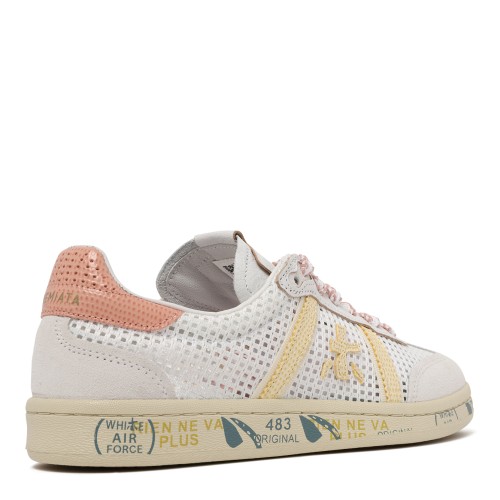 Premiata White Leather and Suede Sneakers with Graphic Sole.