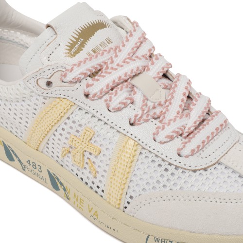Premiata White Leather and Suede Sneakers with Graphic Sole.