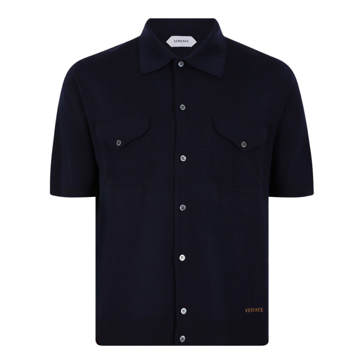 Versace Navy Short-Sleeve Cotton Shirt with Utility Pockets.