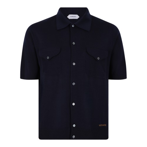 Versace Navy Short-Sleeve Cotton Shirt with Utility Pockets.