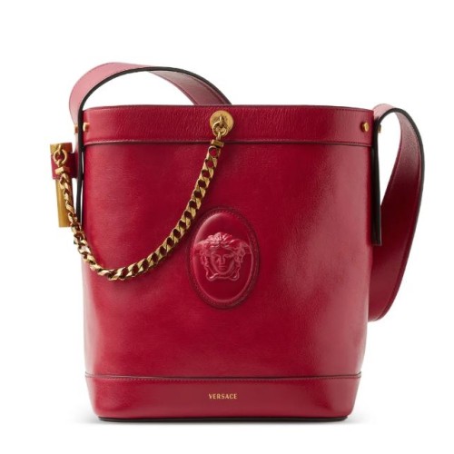 Versace Red Leather Bucket Bag with Medusa Plaque.