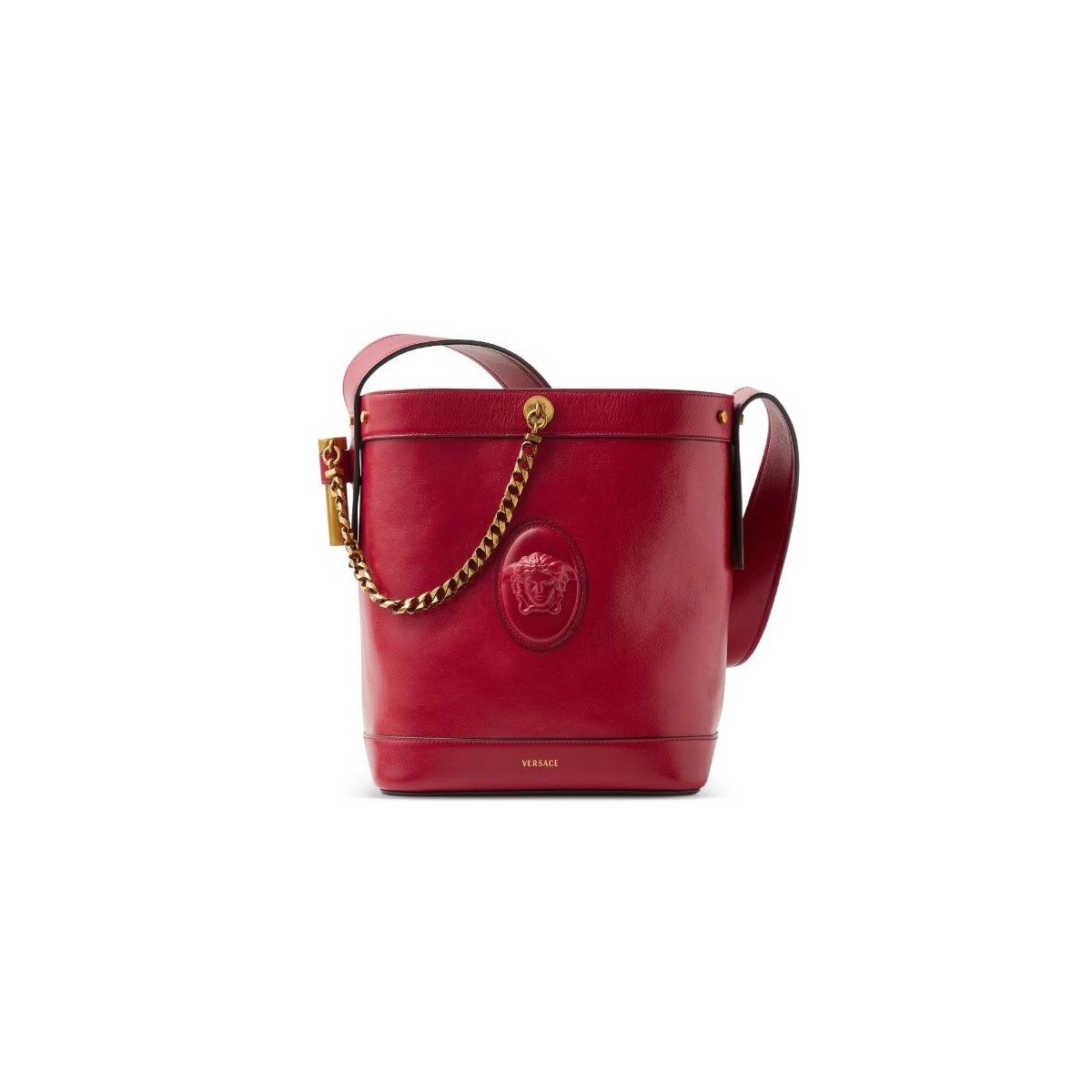 Versace Red Leather Bucket Bag with Medusa Plaque.