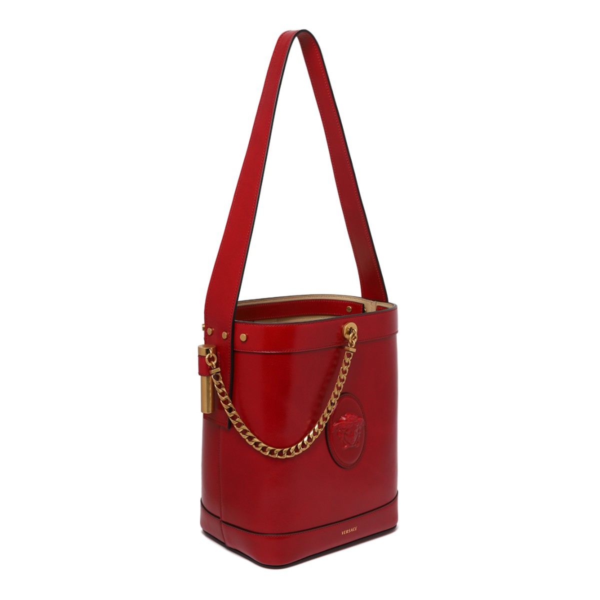 Versace Red Leather Bucket Bag with Medusa Plaque.