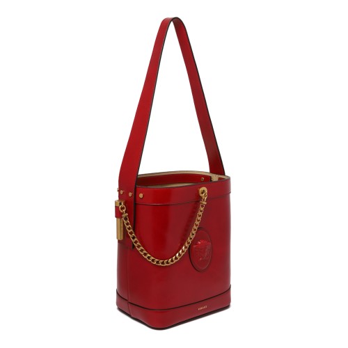 Versace Red Leather Bucket Bag with Medusa Plaque.