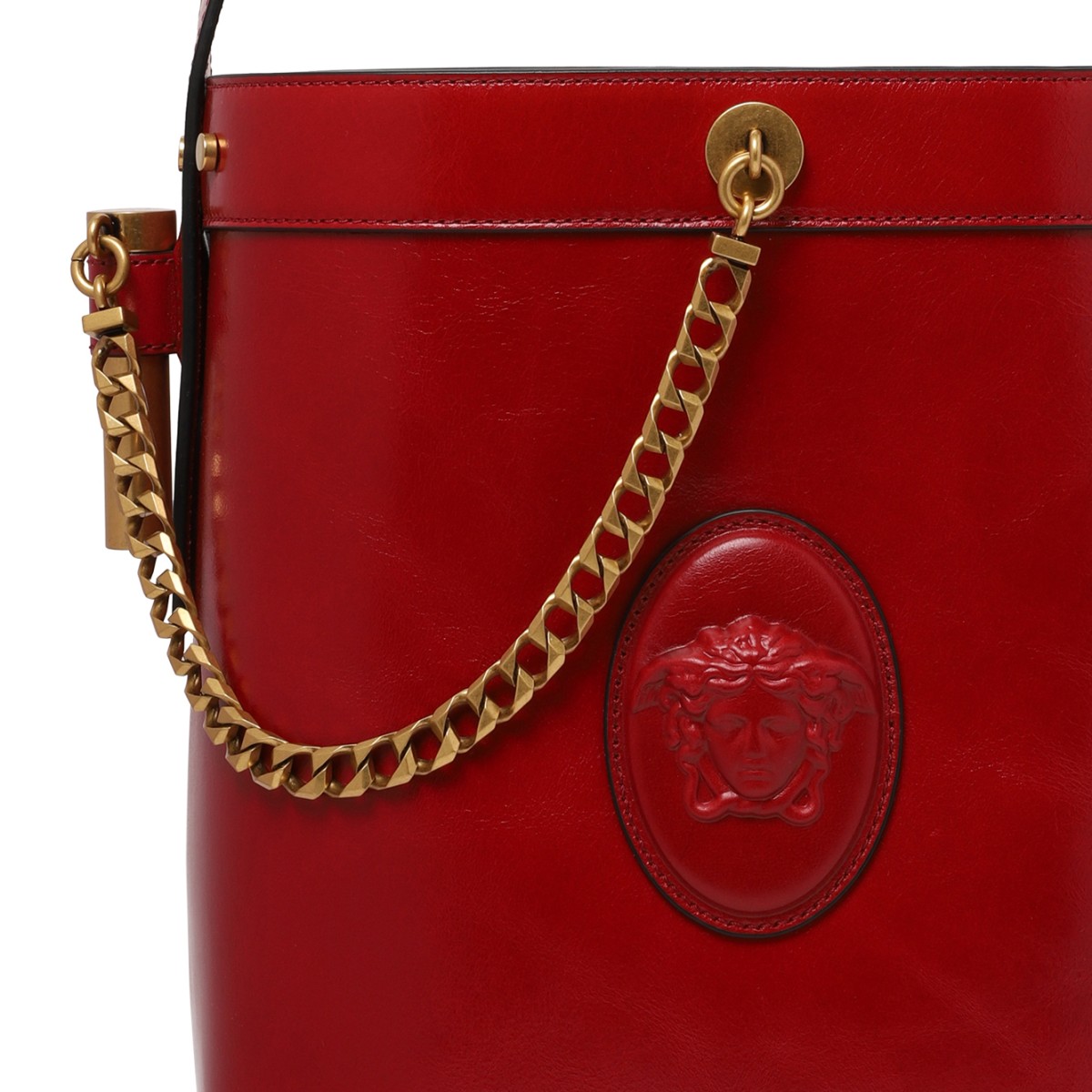 Versace Red Leather Bucket Bag with Medusa Plaque.